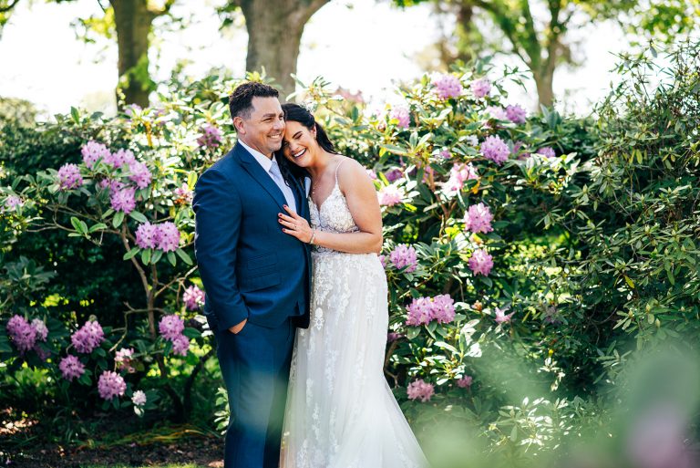 Bride and groom in garden