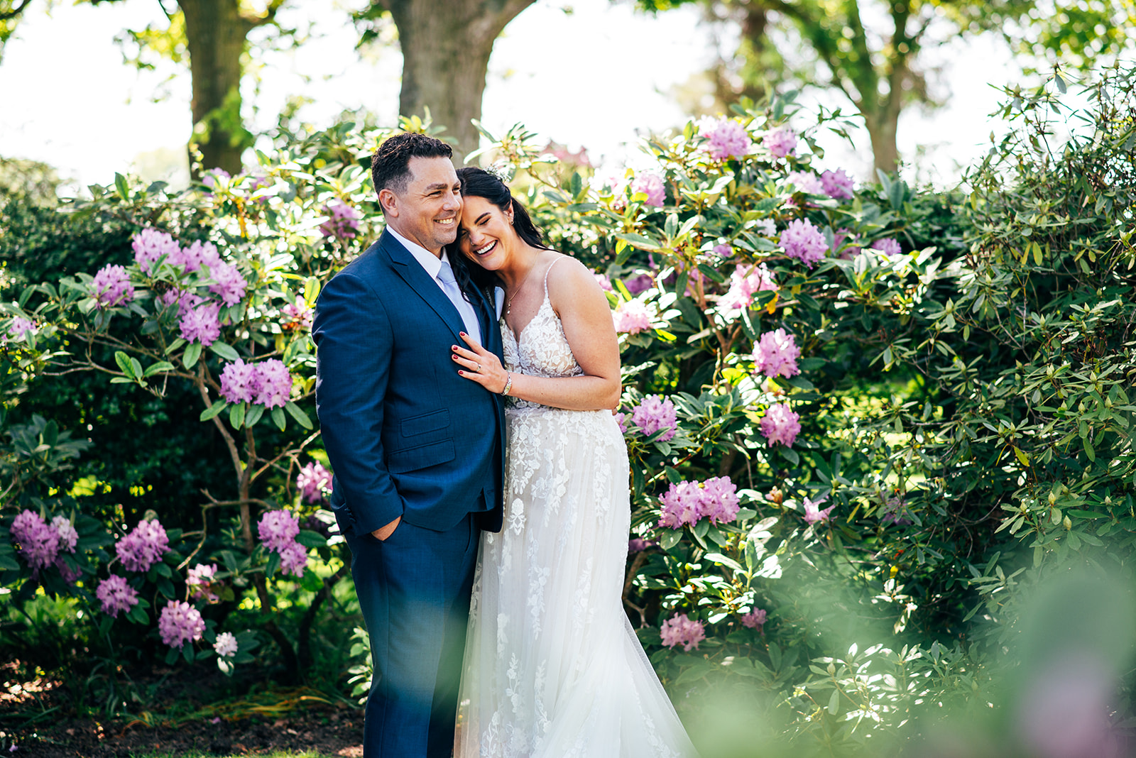 Bride and groom in garden