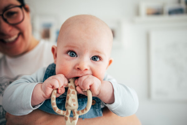 Baby looks into camera as he chews on teether Essex lifestyle family baby childhood photographer