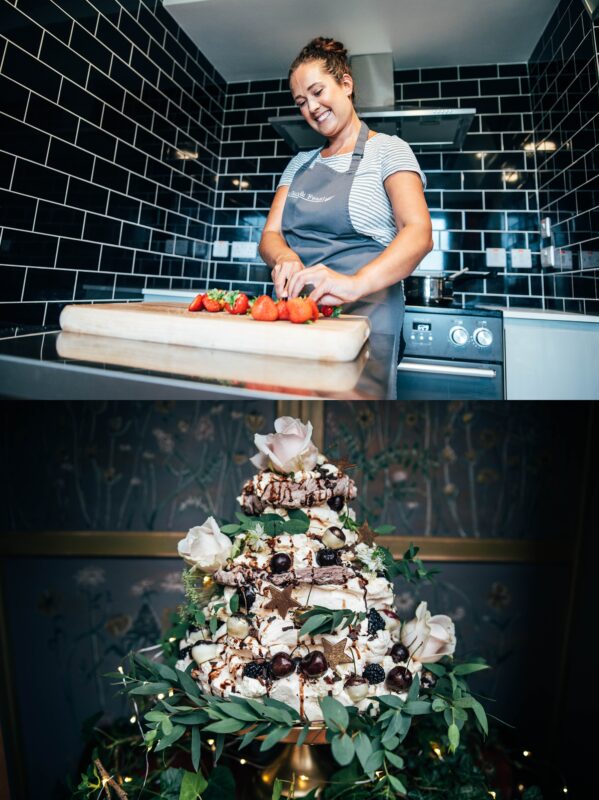 Chef from Gather & Feast events chops strawberries at The Hare's Field chocolate and cherry pavlova Best Essex branding head shot photographer