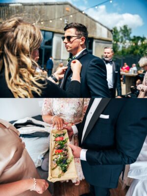 Spring brights & black tie for rustic glamour at The Barns at Lodge Farm. Essex documentary wedding photographer