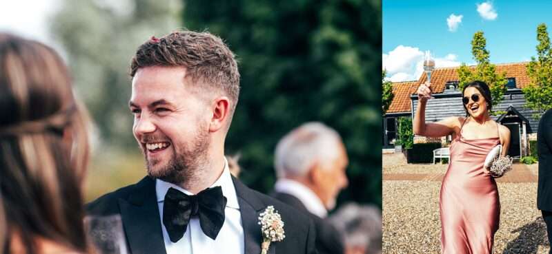 Impossibly chic, black tie wedding at The Hare's Field, with Bridesmaids in mismatched pinks and dried flowers. Best Essex Documentary Wedding Photographer