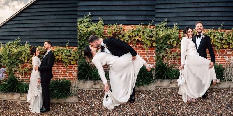 Impossibly chic, black tie wedding at The Hare's Field, with Bridesmaids in mismatched pinks and dried flowers. Best Essex Documentary Wedding Photographer