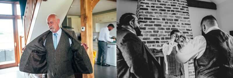 Groom and Groomsmen prep for wedding at Captains Wood Barn