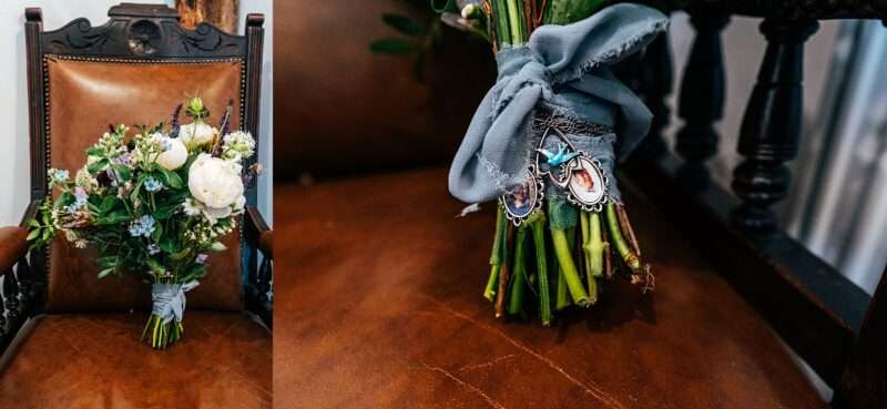 Hand tied bridal bouquet with photo lockets