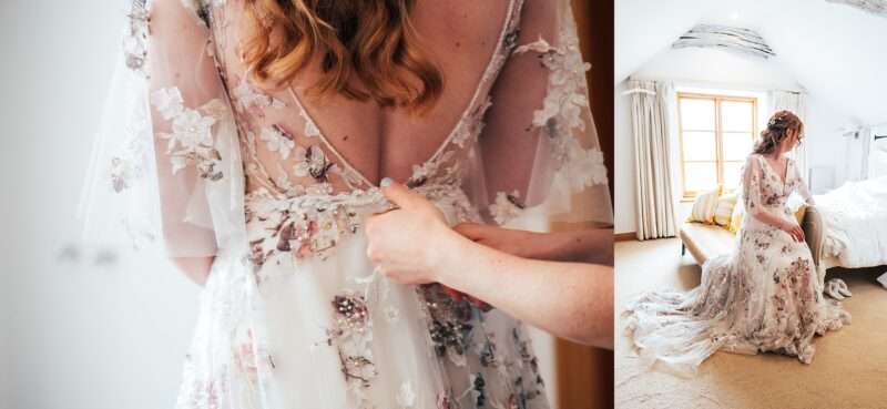 Detail on House of Savin wedding gown, bride sits on chaise lounge prior to her wedding at Captains Wood Barn