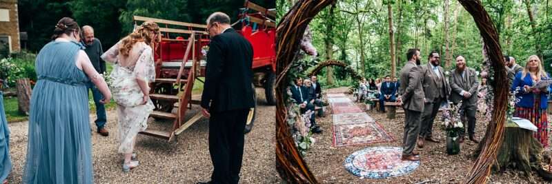 Bride gets on tractor trailer to take her to her wedding at Captains Wood Barn whilst Groom waits for her