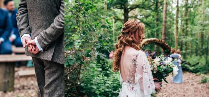 Grooms nervous hands waited for Bride who stands in woodland prior to ceremony at Captains Wood Barn