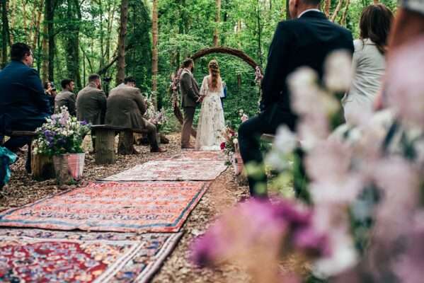 Bride and Groom take vows in woodland ceremony at Captains Wood Barn