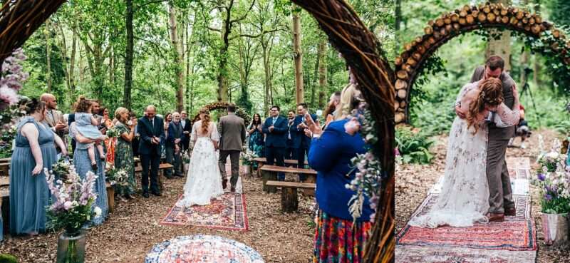 Bride and Groom walk back up aisle and Groom dips bride for kiss at Captains Wood Barn