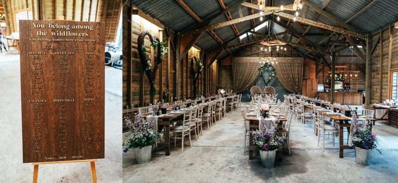 Wooden table plan and barn set up ready for wedding breakfast at Captains Wood Barn