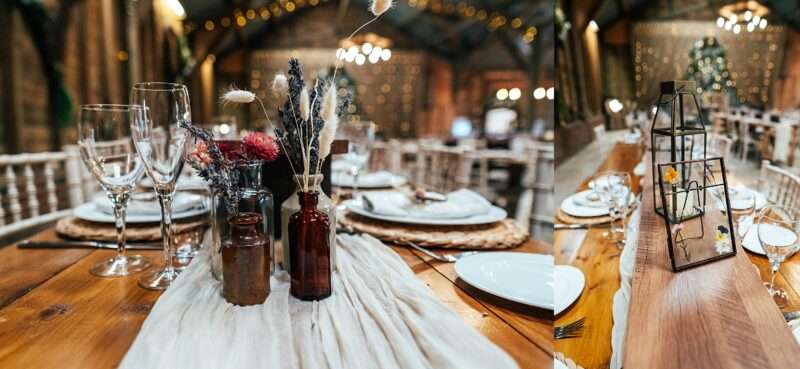 Brown glass bottles with wild flowers and bunny ears lanterns and pressed flowers in frames for table detail at Captains Wood Barn