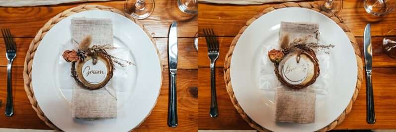 Bride and Groom place setting detail, rustic floral circle at Captains Wood Barn