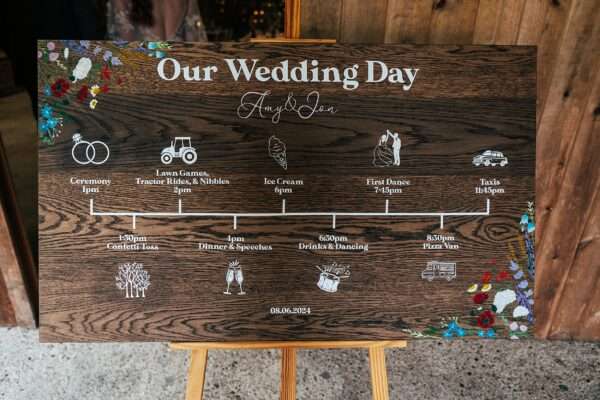 Wedding day timeline on wooden board at Captains Wood Barn