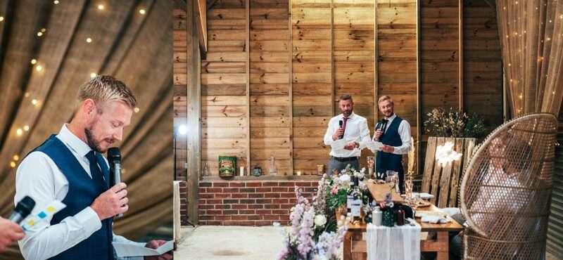 Guests laugh at speeches at Captains Wood Barn Essex documentary wedding photographer