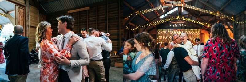 Guests on dance floor at Captain's Wood Barn Essex documentary wedding photographer