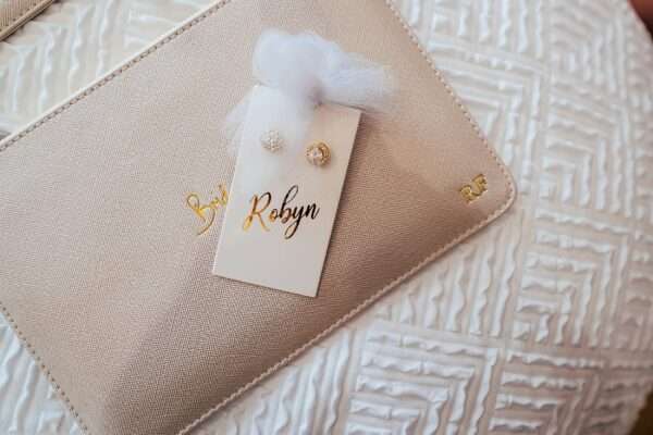 Earrings and personalised handbag gifts for bridesmaid