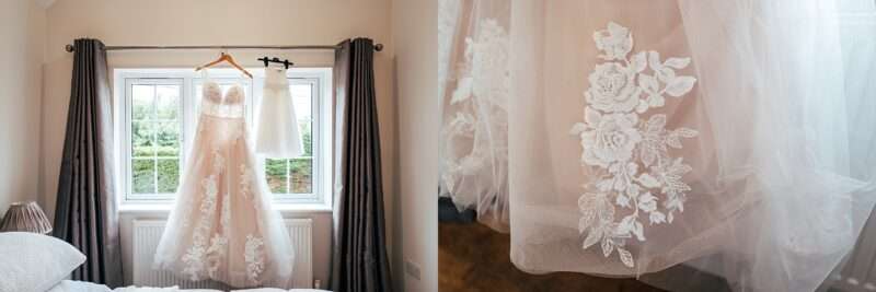 Brides dress alongside her daughters flower girl dress