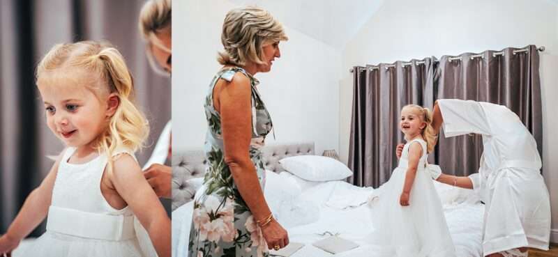 Bride's mum watches bride put on granddaughter's flower girl dress