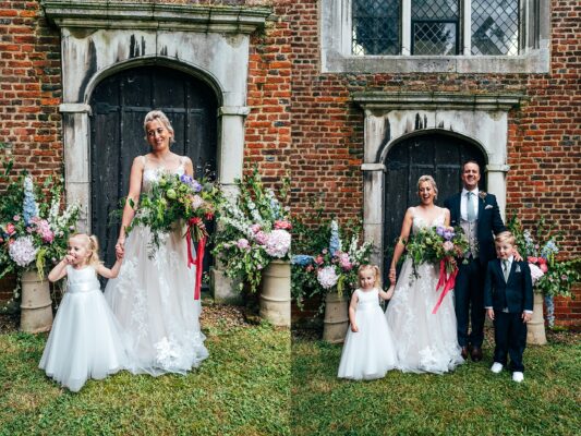 Bride and Groom with children outside Essex church wed