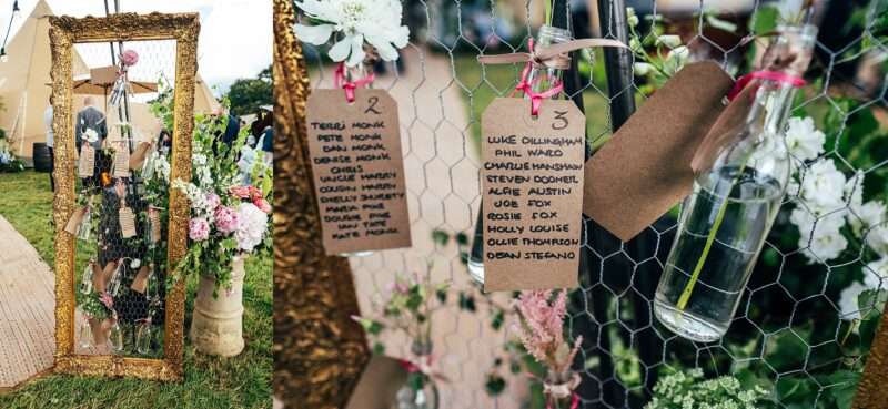 Table plan on framed chicken wire with flowers in vases for Essex back garden wedding