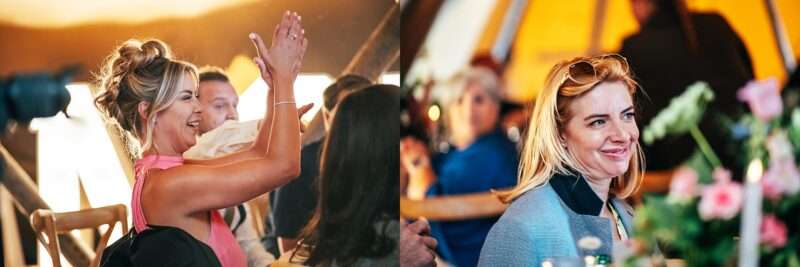 Guests listen to speeches in Essex back garden tipi wedding