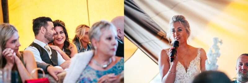 Guests listen to speeches in Essex back garden tipi wedding