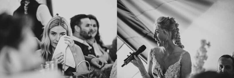 Guests listen to speeches in Essex back garden tipi wedding