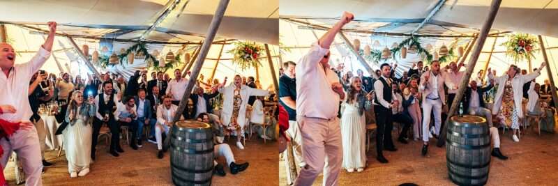 Guests watch England semi final in tipi for Essex back garden wedding