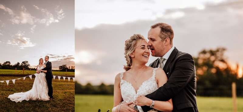 Laughing bride and groom at sunset for Essex back garden tipi wedding