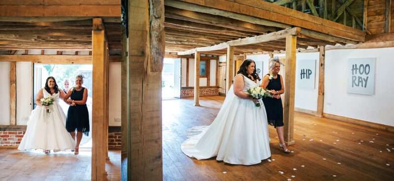 "Rustic barn summer wedding at Blake Hall in Essex with relaxed and happy bride and groom captured in a natural documentary style, perfect for anxious or nervous couples seeking authentic and beautiful wedding photography."