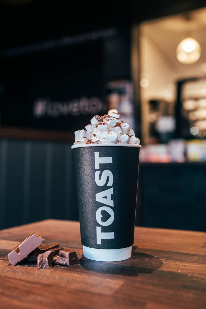 Cup of hot chocolate with marshmallows for TOAST coffee shop Essex Branding photographer