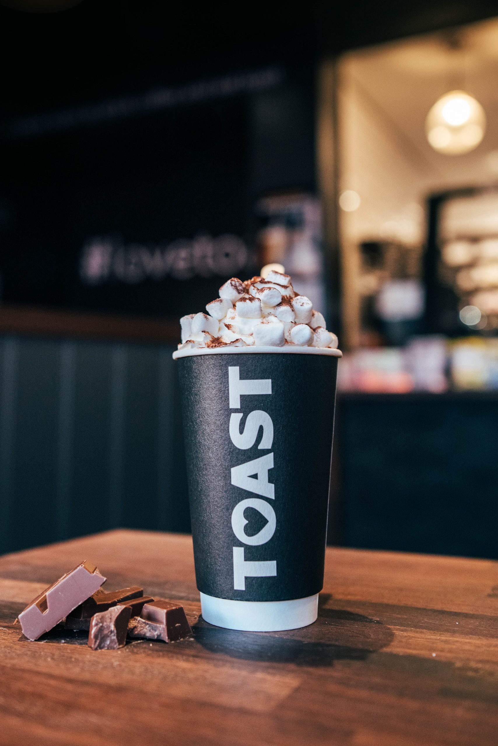 Cup of hot chocolate with marshmallows for TOAST coffee shop Essex Branding photographer