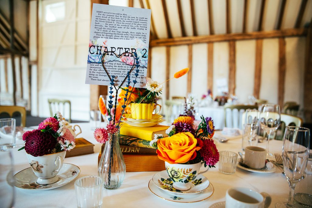 Alice in Wonderland table set up, flowers in teacups,