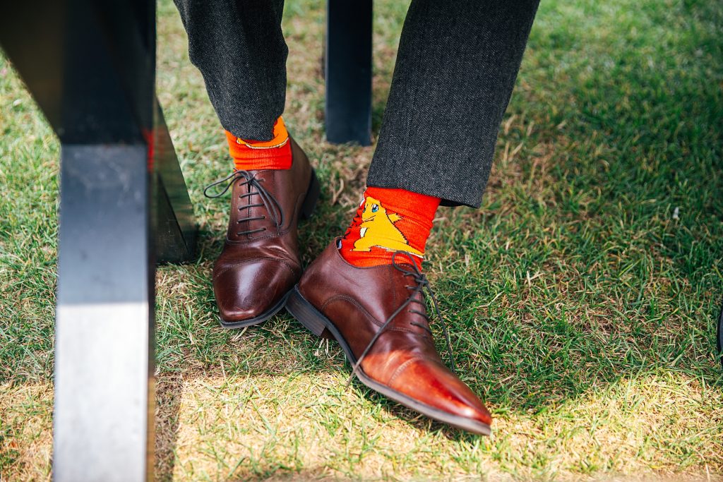 close up of Grooms Pokemon socks