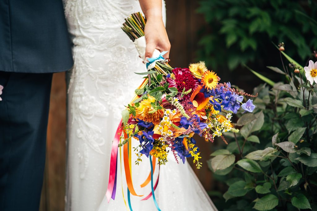 close up of bright bridal bouquet