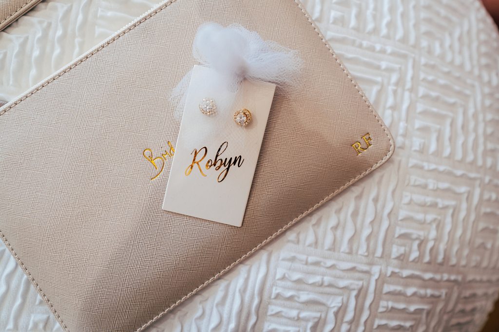 bridesmaid bag and personalised earrings