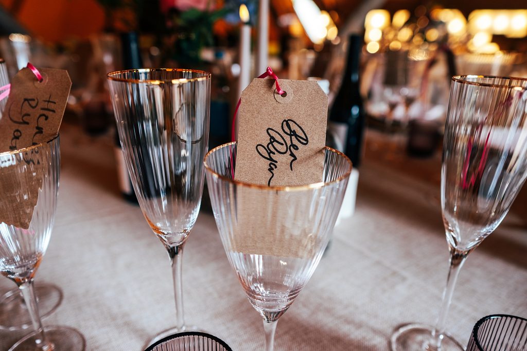 table place setting in gold rimmed glass