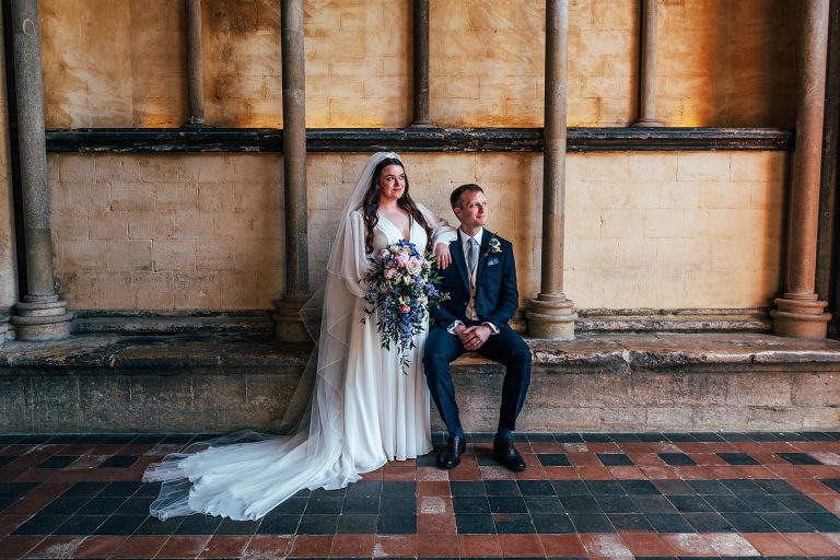 bride and groom in foyer of Ely Cathedral