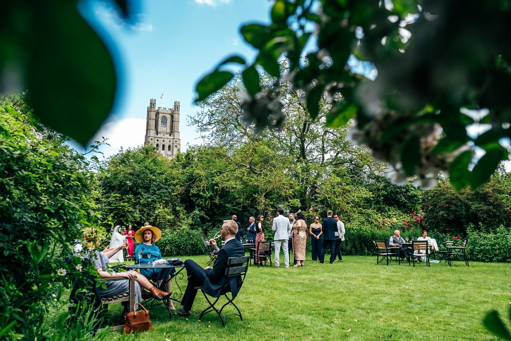 wedding guests enjoy garden reception