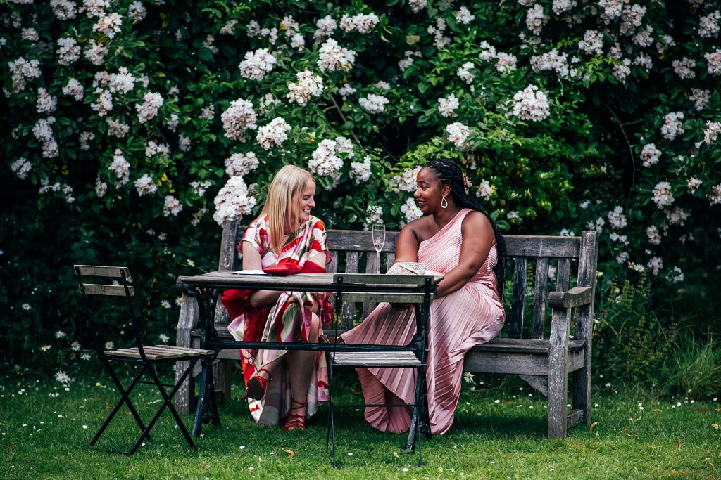 wedding guests enjoy garden reception
