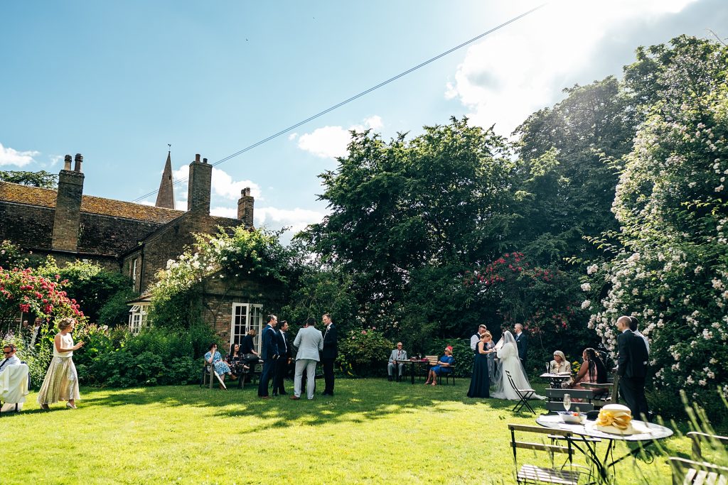 wedding guests enjoy garden reception