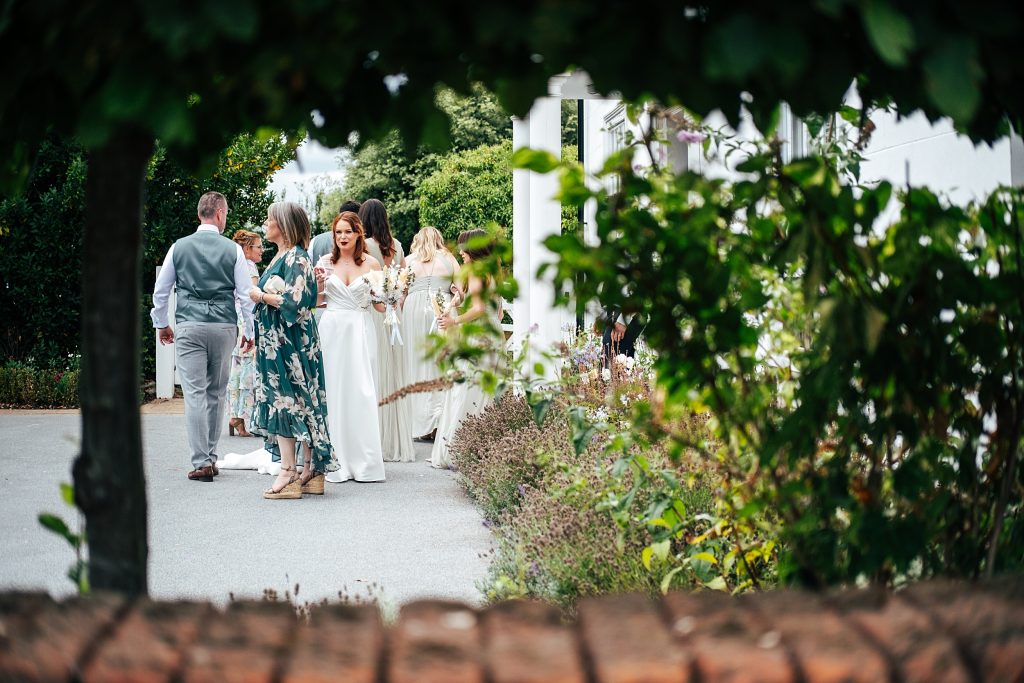 bride mingles with guests view from under a hedge