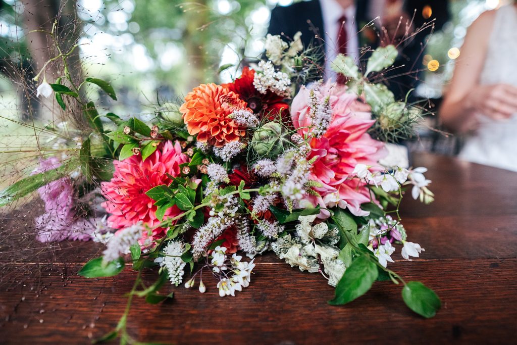 brides wild flower bouquet on table
