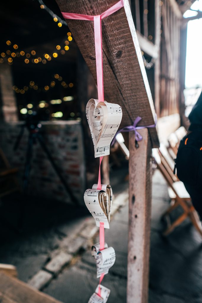 Hanging heart decoration made from music sheets