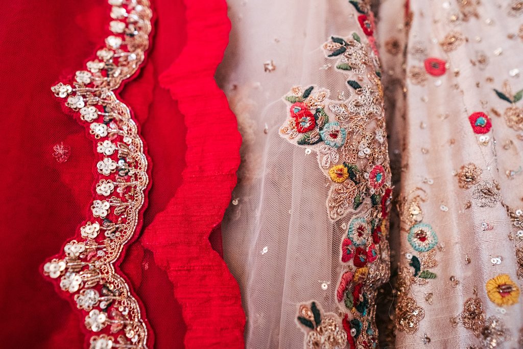 close up of detail on bride's Lehenga