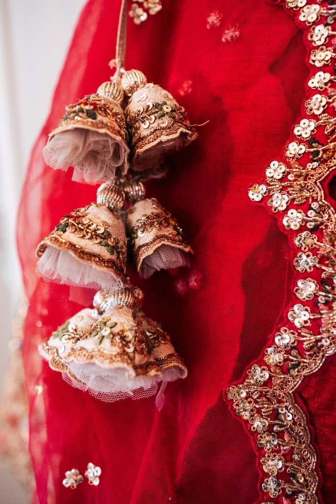 close up of detail on bride's Lehenga
