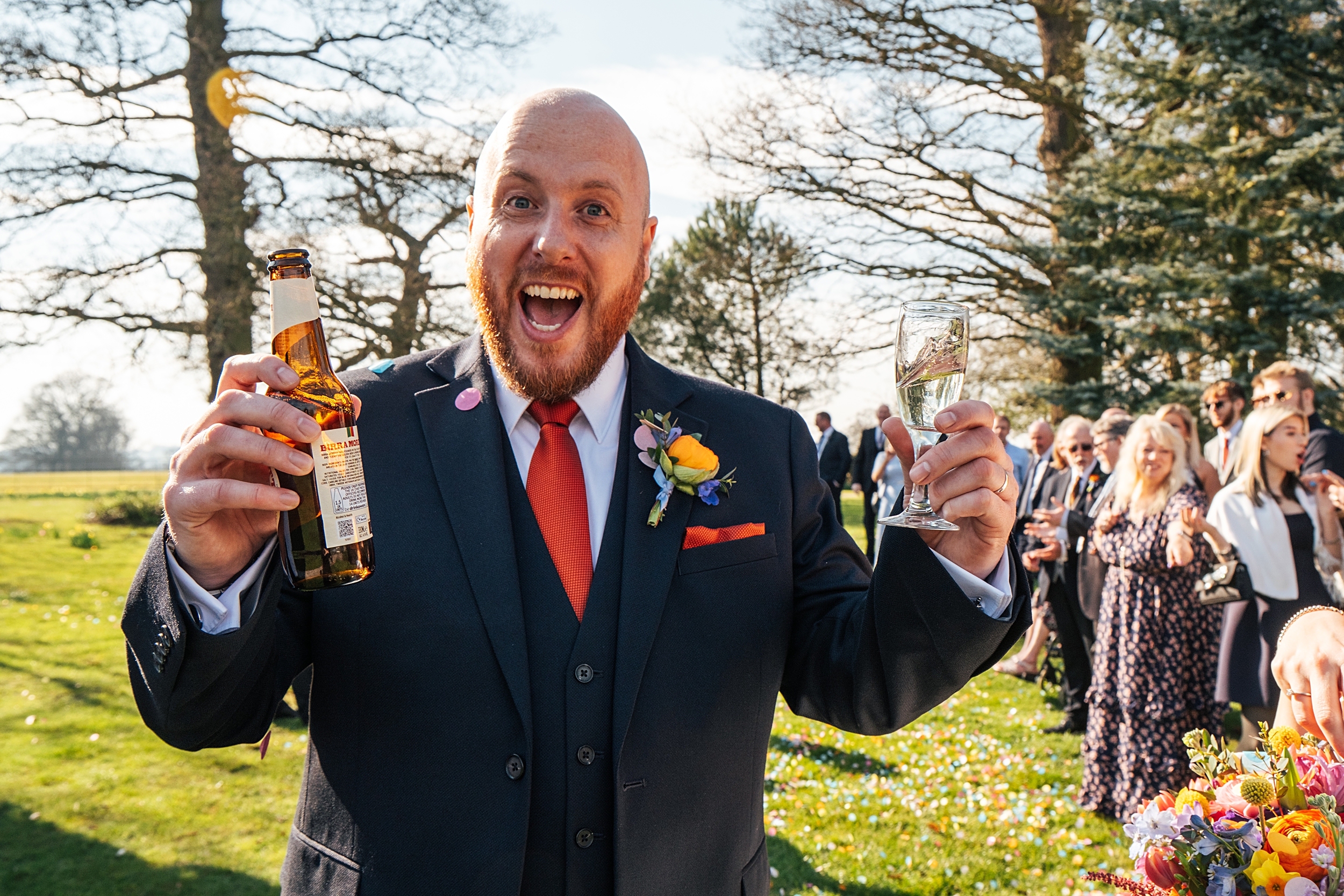 colourful Spring wedding at Blake Hall bride and groom bring dog Essex