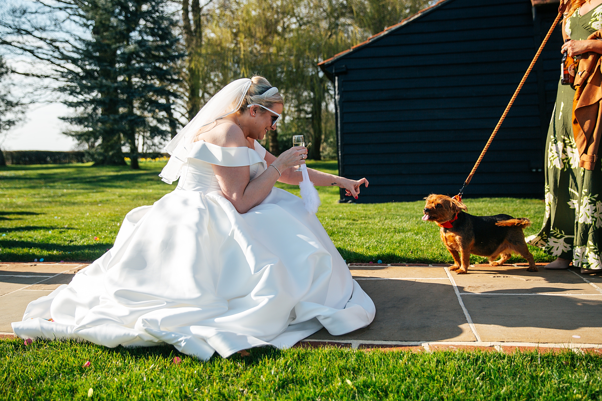 colourful Spring wedding at Blake Hall bride and groom bring dog Essex