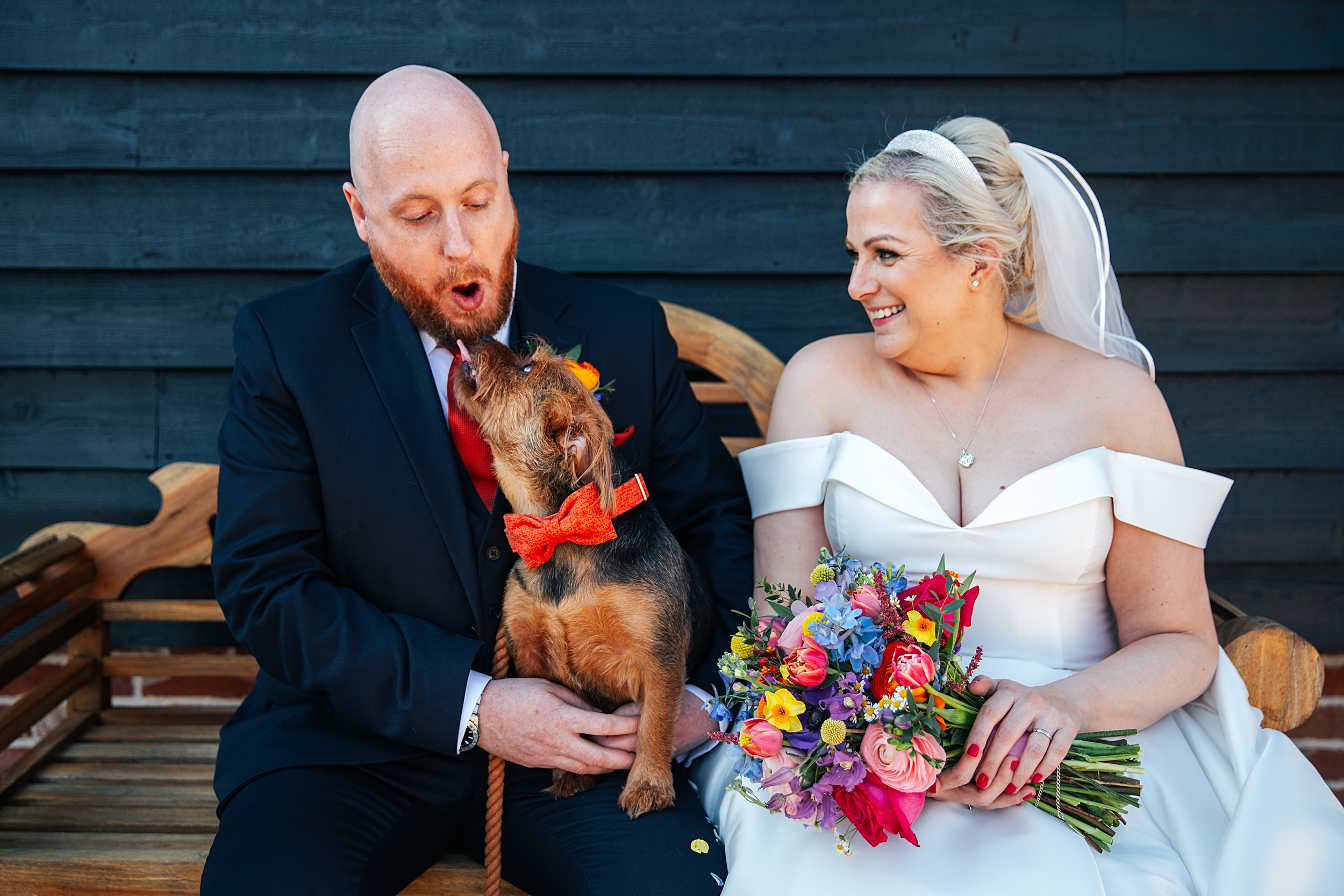 colourful Spring wedding at Blake Hall bride and groom bring dog Essex